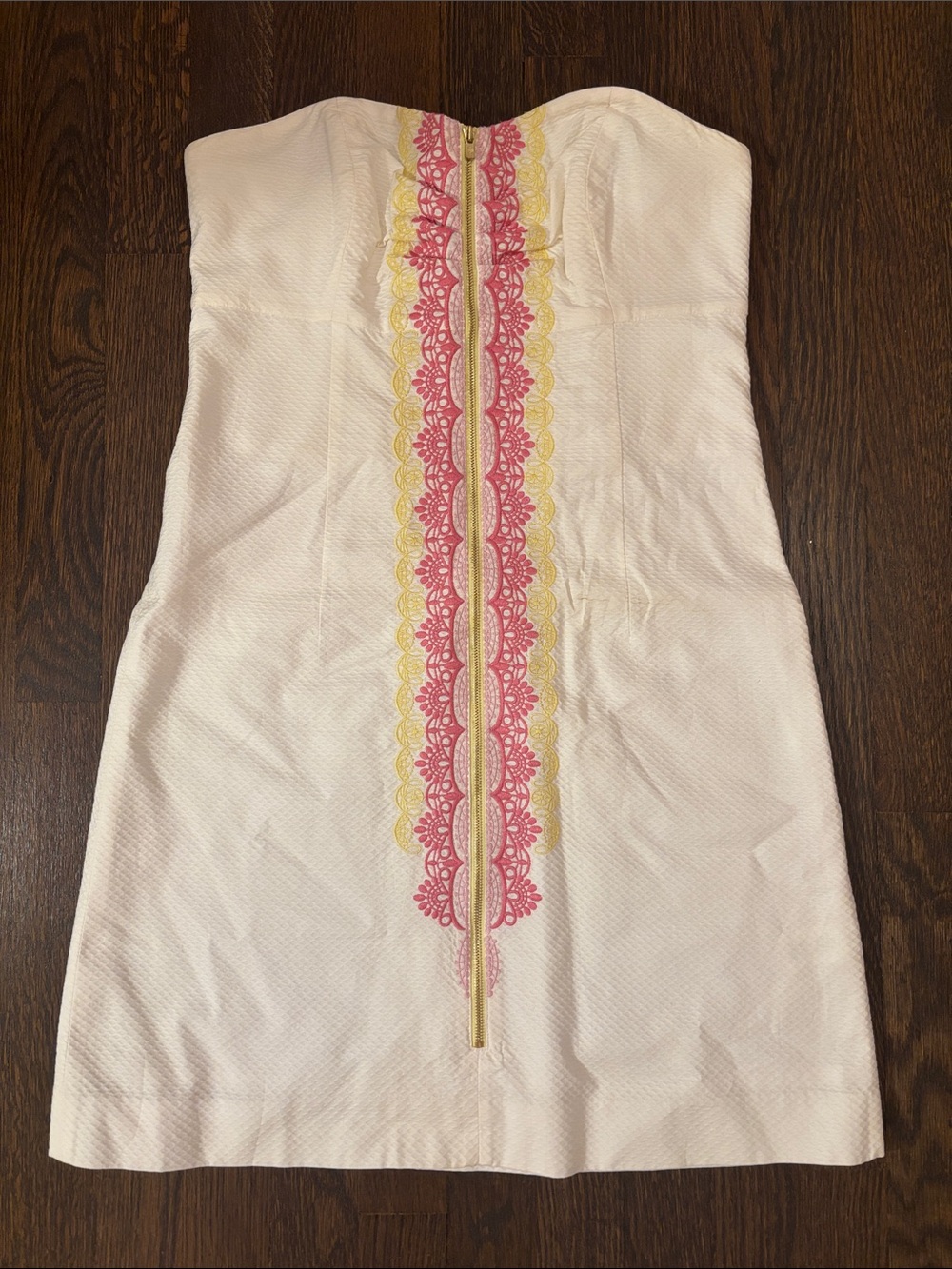 Vintage Lilly Pulitzer Strapless White Mini Dress with Pink & Yellow Detail